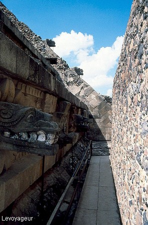 Photo - Téotihuacan - Tête du serpent à plume dans l'enceinte du temple de Quetzalcóatl