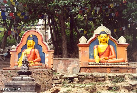 Photo - Katmandou - Enceinte du temple de Swayambhunath - Statues de bouddha